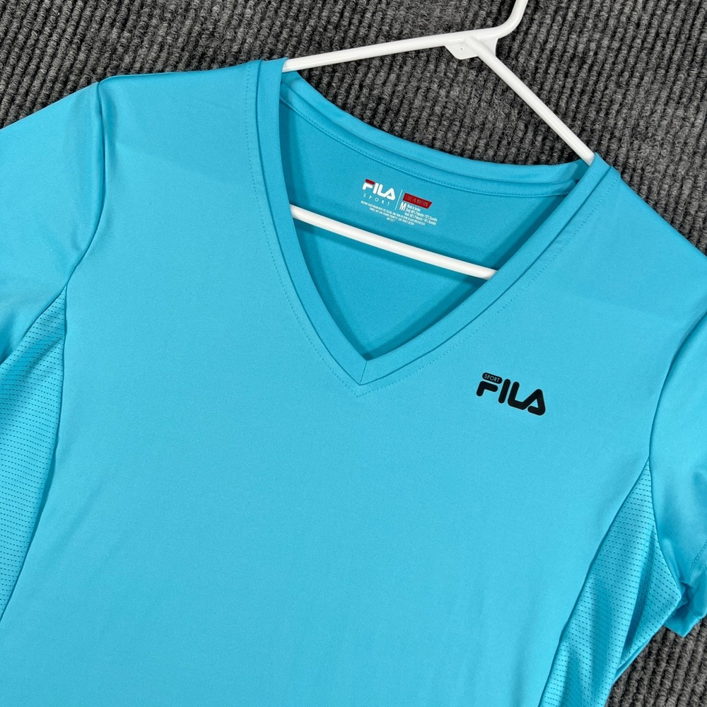 FILA Shirt Womens Medium Blue Short Sleeve V Neck Workout Active Gym Lift Run